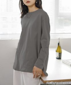 tシャツ・カットソー | Tシャツ Tシャツ コットン長袖オーバーサイズ裾ラウンドTシャツ レディース 綿Tシャツ 長袖Tシャツ クルーネック 秋物 ミドル丈 無地 丸首 長袖