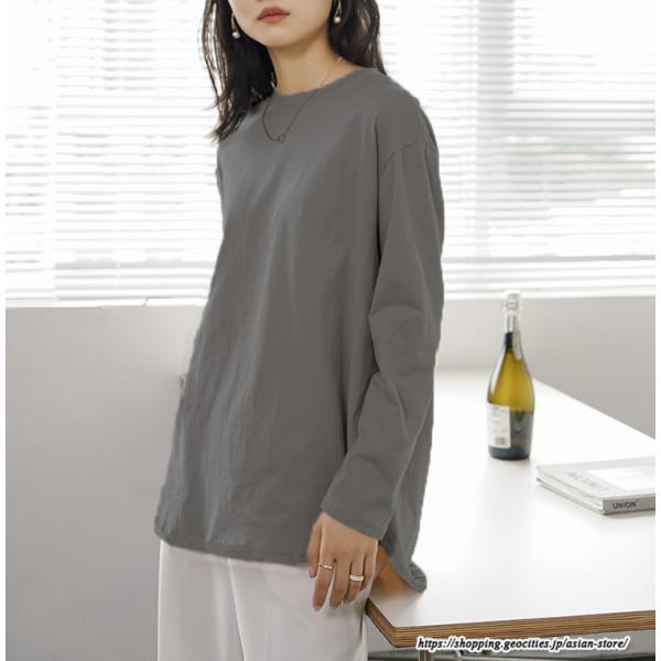 tシャツ・カットソー | Tシャツ Tシャツ コットン長袖オーバーサイズ裾ラウンドTシャツ レディース 綿Tシャツ 長袖Tシャツ クルーネック 秋物 ミドル丈 無地 丸首 長袖
