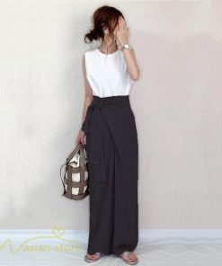 ワイドパンツ | レディース ガウチョパンツ 無地 ロングパンツ 着痩せ 体型カバー カジュアル パンツ おしゃれ 蝶結び かわいい ハイウエスト ゆったり 韓国風