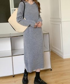 ニットワンピース | ワンピース 秋冬 太めリブニット ロングワンピース ミモレ丈 無地 フード付き 帽子 ストレッチ 大人 セーター 50代 長袖 20代30代 アウター