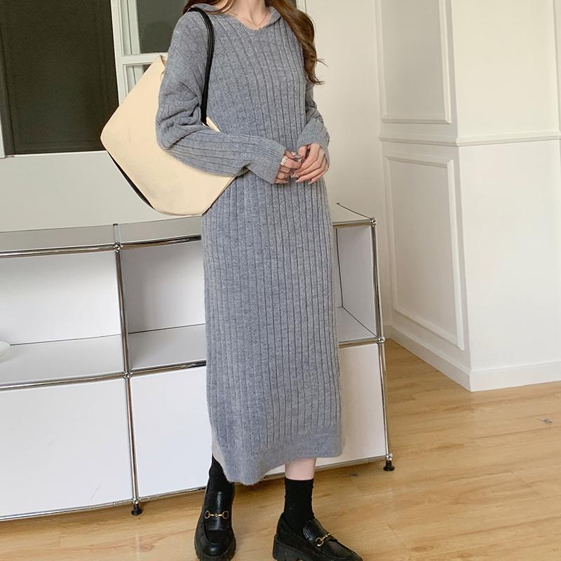 ニットワンピース | ワンピース 秋冬 太めリブニット ロングワンピース ミモレ丈 無地 フード付き 帽子 ストレッチ 大人 セーター 50代 長袖 20代30代 アウター