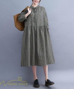 ミディアム | ワンピース ゆるワンピース レディース チェック柄 ゆったり 秋コーデ 着痩せ 体型カバー 可愛い 長袖ワンピース 大きいサイズ ポケット ひざ丈