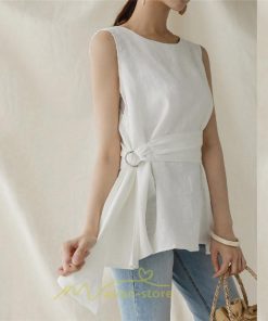 シャツ・ブラウス | ブラウス トップス ノースリーブ レディース tシャツ タンクトップ ベルト付き 広い裾 フレア裾 涼しい 涼感 体型カバー ゆったり 綿麻 夏 おしゃれ 大人 無地