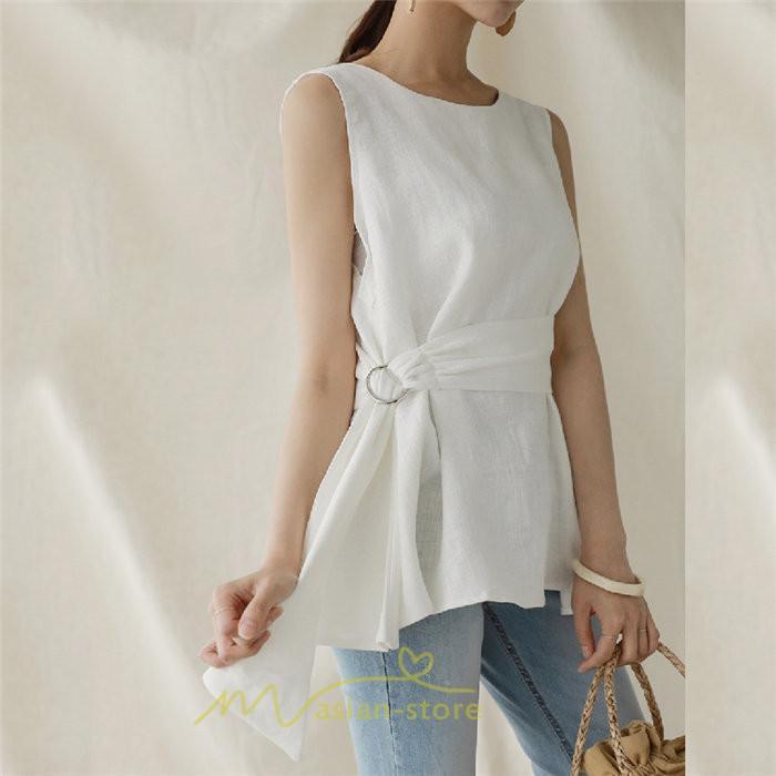 シャツ・ブラウス | ブラウス トップス ノースリーブ レディース tシャツ タンクトップ ベルト付き 広い裾 フレア裾 涼しい 涼感 体型カバー ゆったり 綿麻 夏 おしゃれ 大人 無地