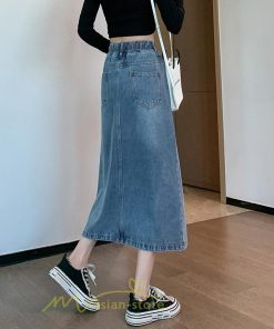 スカート | ウエストゴムデニムロング秋冬 ミモレ丈 秋物 レディース ひも付き フロントスリット Aライン大きいサイズあり スカート 6XL デニム