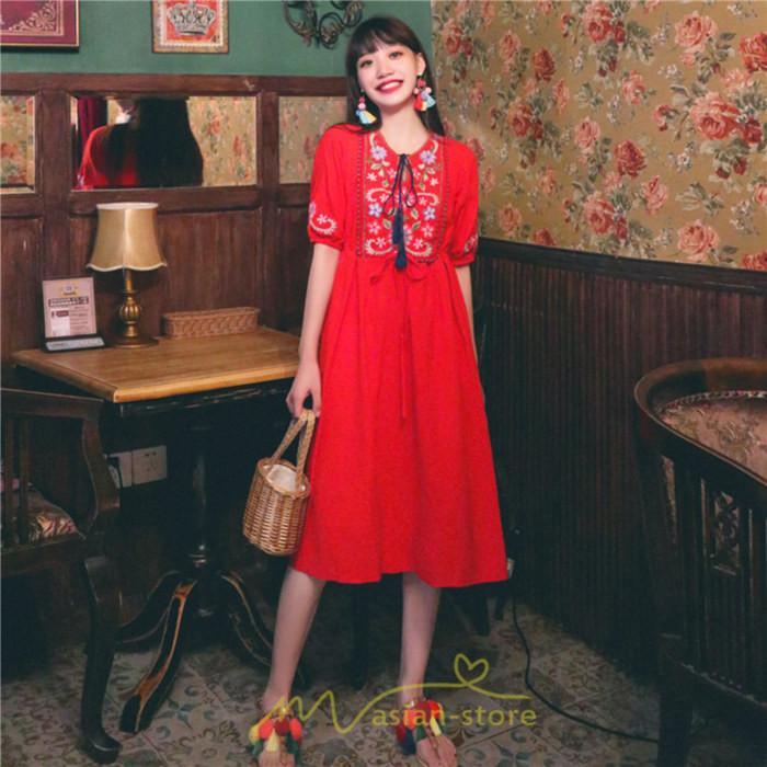 マキシ | ワンピース レディース 刺繍 綿麻 レトロ調 インスタ映え ナチュラル エスニック風 民族風 ボヘミアン 柔らかい SNS映え リゾート 赤 黄色 撮影 白