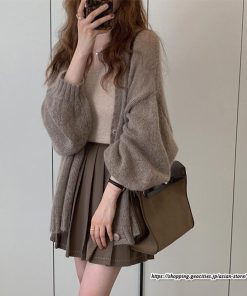 カーディガン | ニットミドル丈 レディース 羽織り ライトアウター 長袖 ニット セーター フロントボタン ボリューム 大きめ ゆったり パフスリーブ