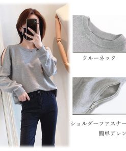 Tシャツ・カットソー | スウェット トレーナー 肩出しトップス カジュアル ファスナー オープンショルダー 体型カバー セクシー ゆったり クルーネック