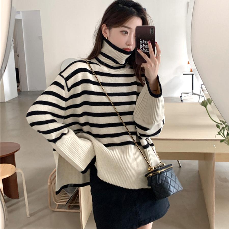 ニット・セーター | タートルネックボーダーニットトップス冬服