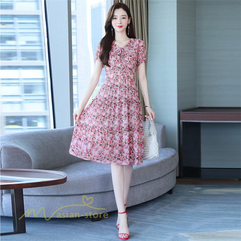 ミディアム | ワンピース レディース Aライン カジュアル Vネック サマー 半袖 ひざ丈 ミディアムワンピース 大きいサイズ 上品 花柄 着痩せ サマーワンピース 夏服