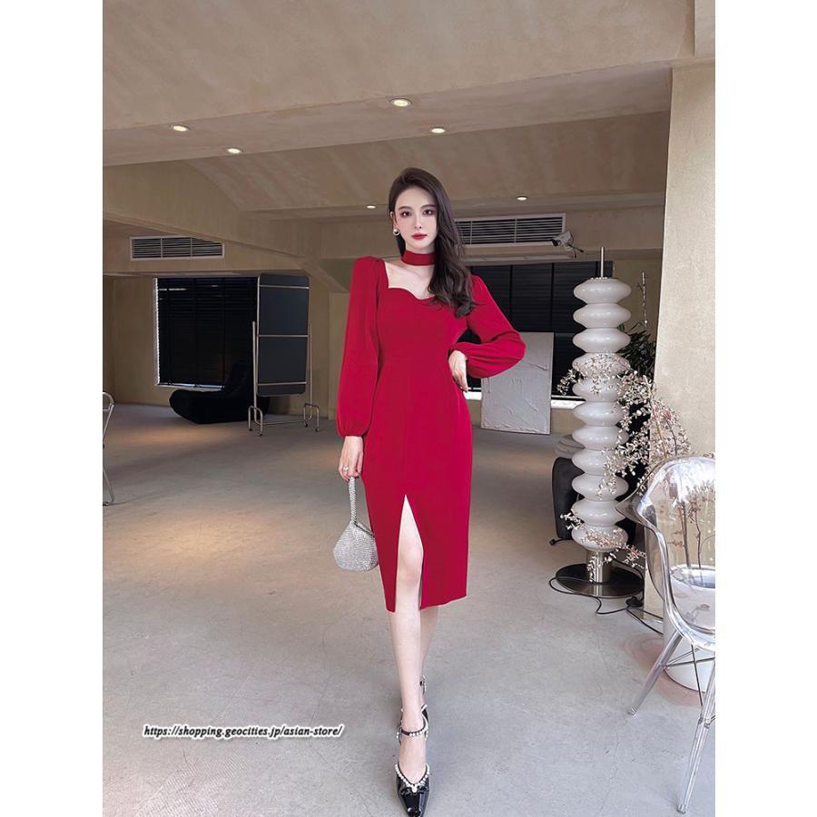タイト | セクシーワンピース 二次会ワンピース 上品 高級感 ワンピース 長袖 タイトワンピース スリム 美ライン スリット お呼ばれワンピース 結婚式 オフィス 通勤