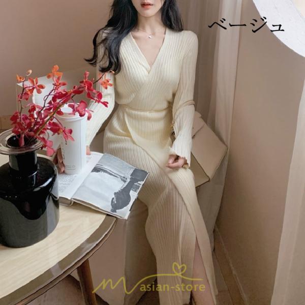 ニットワンピース | ワンピース 春 春服 レディース 長袖 ゆったり 秋 冬 vネック 着痩せ スリット 旅行 女子会 デート 20代30代40代50代 お出かけ