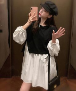 シャツワンピース | 長袖ワンピース おしゃれ チュニックワンピ 白 ベストレイヤード風 レディース アシンメトリー きれいめ