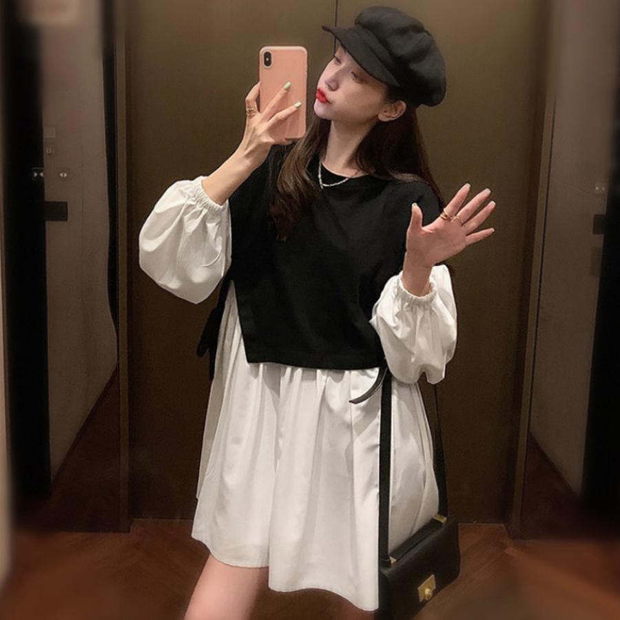 シャツワンピース | 長袖ワンピース おしゃれ チュニックワンピ 白 ベストレイヤード風 レディース アシンメトリー きれいめ