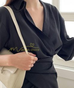 マキシ | ロングワンピース 夏ワンピース 薄手 黒ワンピース スリム 30代40代 大人 無地 シャツワンピース 七分袖 オフィス 涼感 セクシー Vネック フェミニン