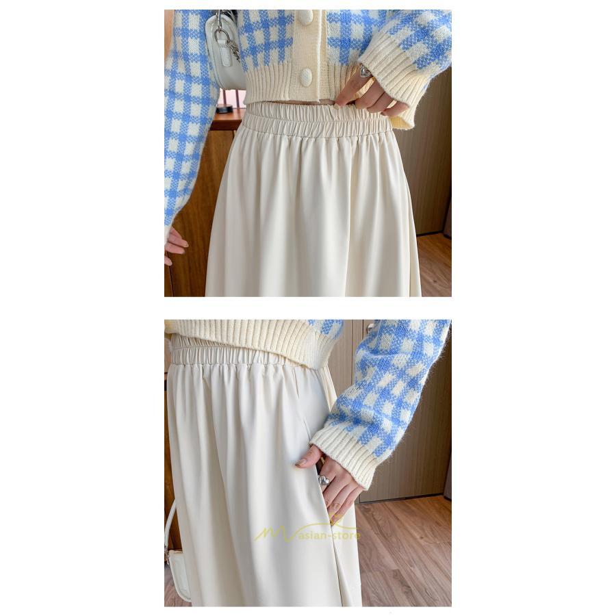 スカート | Pu秋冬 合皮ロングウエストゴム Aラインゆったり 体型カバー ハイウエスト 大人 無地 通学通勤 フレア 広い幅 可愛い