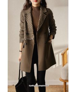 コート・ジャケット | テーラードジャケット レディース コート アウター 長袖 ミディアム丈 羽織り 春 秋 冬 切り替え チェック柄 カジュアル ダブルブレスト 着痩せ ラシャ 韓国風
