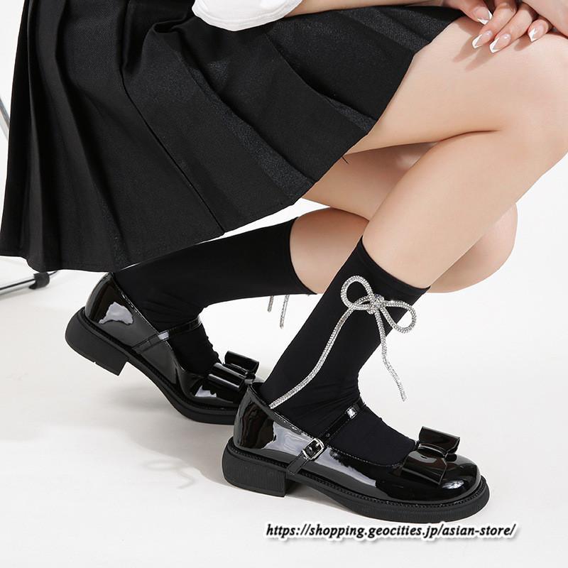 パンプス | ラウンドトゥ ストラップ 厚底 レディースシューズ 太ヒール ぺたんこ ベーシック 黒白蝶 無地 靴 26.5cm 上品 大きいサイズ 大人