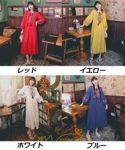 マキシ | ワンピース レディース 刺繍 綿麻 レトロ調 インスタ映え ナチュラル エスニック風 民族風 ボヘミアン 撮影 リゾート 柔らかい ウエストリボン長袖 イベント
