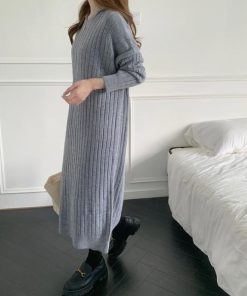 ニットワンピース | ワンピース 秋冬 太めリブニット ロングワンピース ミモレ丈 無地 フード付き 帽子 ストレッチ 大人 セーター 50代 長袖 20代30代 アウター