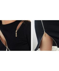 ミニ丈 | ニットタイトワンピース ファスナー付きお呼ばれワンピ フォーマル OL 長袖 ビジネスカジュアル ドレスワンピ ストレッチ 二次会 ママ 黒 ヒップアップ