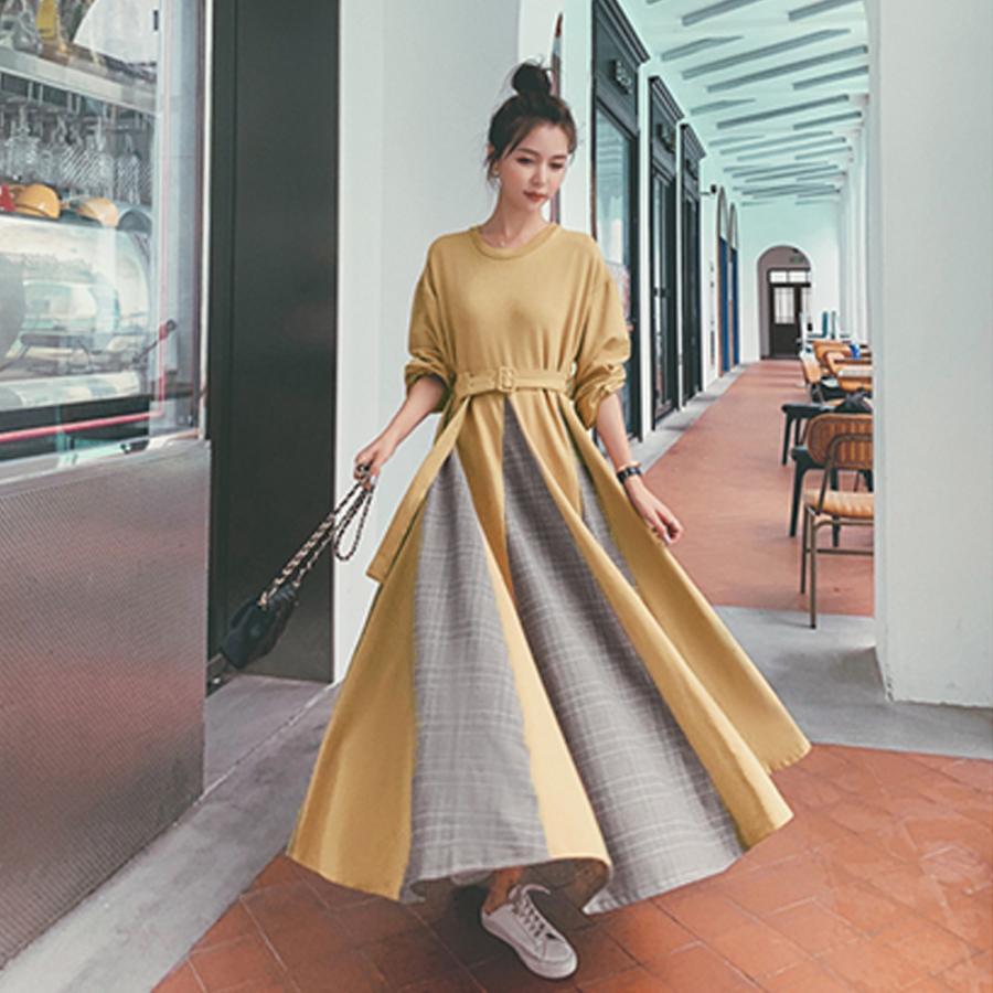 ワンピース | ロング春 異素材フレアワンピ