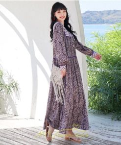 マキシ | ワンピース 長袖 春夏秋 レディース きれいめ ロング丈 カシュクール リゾート 花柄 体型カバー 着痩せ ゆったり エスニック レトロ 海 ビーチ リゾート 旅行