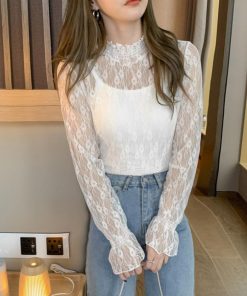 シャツ・ブラウス | フリル レース シースルー プチハイネック おしゃれ ブラウス 花柄 レディース トップス きれいめ