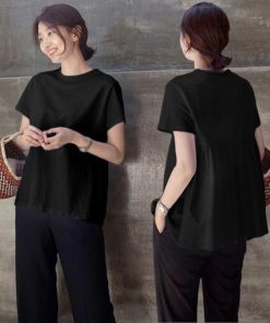 ｔシャツ・カットソー | Tシャツ レディース トップス 夏 半袖 可愛い 無地 切り替え 後ろプリーツ 黒 プルオーバー 体型カバー シンプル OL 大人 夏服 サマー