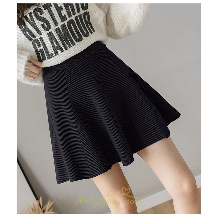 スカート | レディース ボトムス ミニ丈 ひざ上 ウエストゴム 楽ちん ゆったり ニット 秋冬 韓国風 Aライン フレア デート 着痩せ 可愛い お出かけ 脚長効果