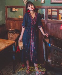 マキシ | ワンピース レディース コットン リゾート かわいい 五分袖 Ｖネック 花柄 上品 ロング丈 ファッション エスニック風 体型カバー お呼ばれ 二次会 民族風 披露宴