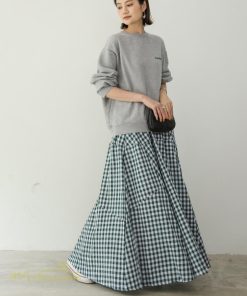 スカート | ロング夏新作 フレア切り替え チェック柄 20代30代 大人 40代50代 可愛い 60代 ゆったり 広い裾 ウエストゴム 6色 春 ダンス舞台 綿 春夏 秋