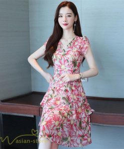 ミディアム | ワンピース レディース Vネック 半袖 花柄 おしゃれ Aライン ミディアムワンピース 着やせ エレガント 大きいサイズ 上品 膝丈 20代 30代 大人 40代