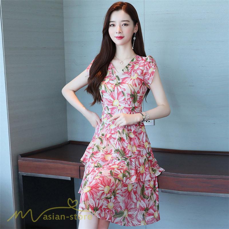 ミディアム | ワンピース レディース Vネック 半袖 花柄 おしゃれ Aライン ミディアムワンピース 着やせ エレガント 大きいサイズ 上品 膝丈 20代 30代 大人 40代
