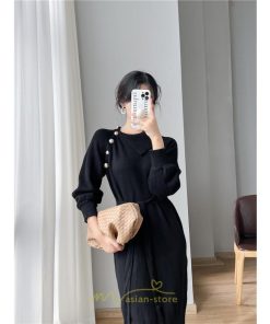 ニットワンピース | シンプル 秋冬 ベーシック 無地 膝丈 ミディアム丈 着痩せ スリット お出かけ 旅行 デート 送料無料 20代30代40代50代 女子会