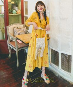 マキシ | ロング丈ワンピース レディース 花柄 Aライン 七分袖 ロング丈 ゆるシンプル きれいめ Vネック カジュアル 細見え 白 リゾート 黄色 上品 華やか 旅行