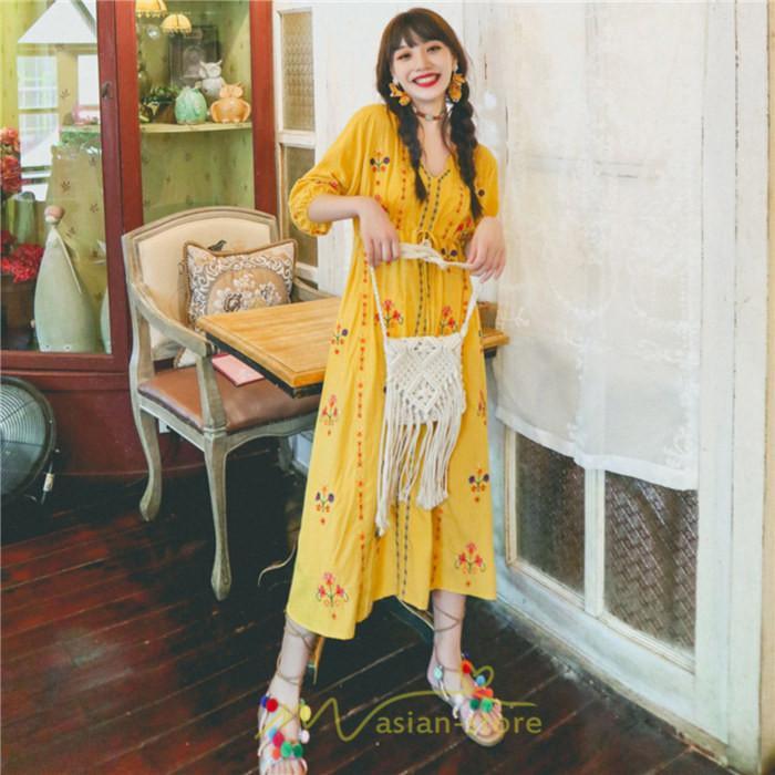 マキシ | ロング丈ワンピース レディース 花柄 Aライン 七分袖 ロング丈 ゆるシンプル きれいめ Vネック カジュアル 細見え 白 リゾート 黄色 上品 華やか 旅行