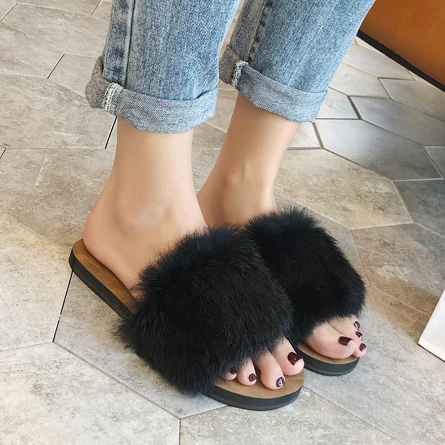 サンダル | ファーレディースミュール ぺたんこ スリッパ 韓国