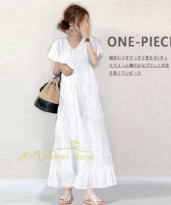 マキシ | 夏ワンピース 半袖 ロングワンピース Aライン 花刺繍 Vネック サマー ゆったり 夏コーデ 体型カバー 20代30代 黒 白 大人 40代 ママ OL シンプル フォーマル