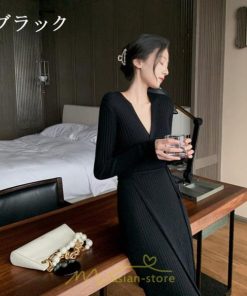 ニットワンピース | ワンピース 春 春服 レディース 長袖 ゆったり 秋 冬 vネック 着痩せ スリット 旅行 女子会 デート 20代30代40代50代 お出かけ