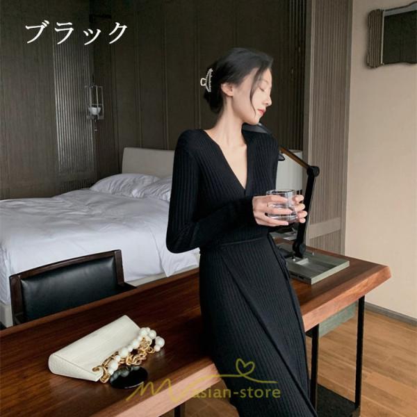 ニットワンピース | ワンピース 春 春服 レディース 長袖 ゆったり 秋 冬 vネック 着痩せ スリット 旅行 女子会 デート 20代30代40代50代 お出かけ