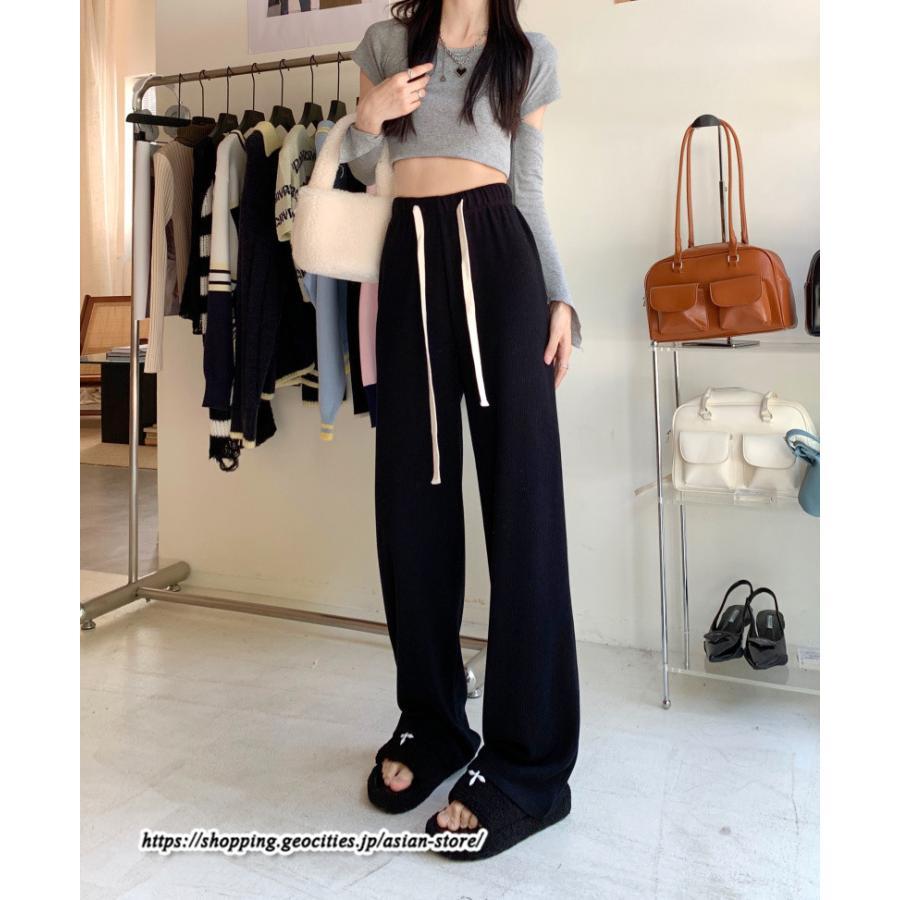 ワイドパンツ | ニットパンツ レディース 綿パンツ リブニット 秋冬 裏起毛 暖かい ロングパンツ ウエストゴム 春 パンツ シンプル 無地 ボトムス 部屋着 ズボン
