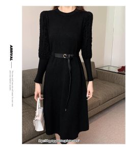 ミディアム | ワンピース 無地 きれいめ 30代 40代 50代 着やせ 上品 大きいサイズ ミモレ丈 長袖 春夏秋冬 丸首 ミモレ丈 ひざ丈 長袖 パフスリーブ