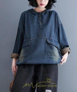 シャツ・ブラウス | デニムシャツ レディース長袖 トップス ブラウス ブルー 春 秋 カジュアル シャツ おしゃれ 可愛い マタニティ フード カジュアル 大きいサイズ 送料無料