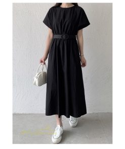 マキシ | 夏ワンピース ロングワンピース フレア 無地 半袖 ベルト付き Aラインワンピース レディース ワンピ 可愛い 体型カバー 大きいサイズ ゆったり カジュアル