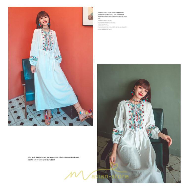 マキシ | ワンピース 長袖 ハイウエスト 綿麻 コットン リネン ロング ロング丈 Aライン ワンピ レディース 着痩せ 体型カバー 丸首 白 黄色 赤 通勤 Vネック 刺繍