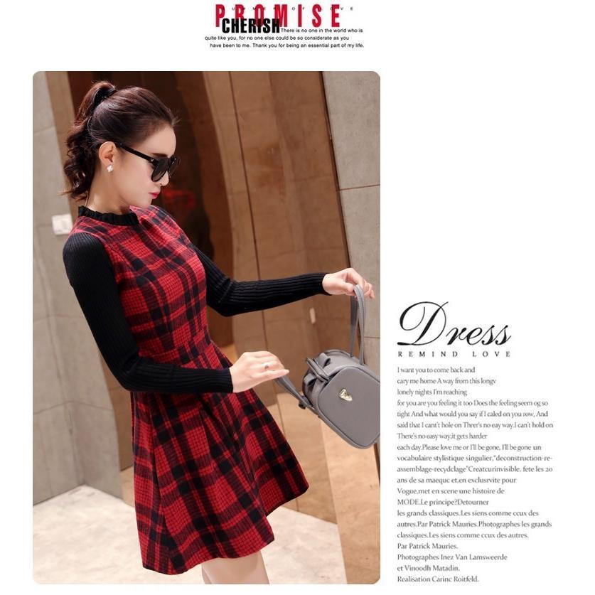 ニットワンピース | 即日秋冬 切り替え チェック柄 ドッキングワンピース ニット セーター 長袖 Aライン 20代30代 クルーネック 大人 可愛い 膝上丈