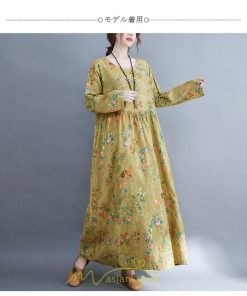 マキシ | ワンピース 大きいサイズ レディース  楽ちん 美人 コットン 夏 秋 新作 ぽっちゃり ゆったり 長袖 お腹 太もも 華奢 花柄 丸首 ポケット 黄色 美脚 着痩せ 通勤