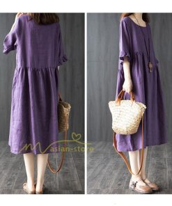 ミディアム | ワンピース レディース 40代 50代 半袖 きれいめ ゆったり ミディ丈 30代 ミディアム丈 綿麻混ワンピース 韓国ファッション 丸首 上品 カジュアル 夏物 お出かけ