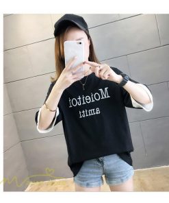 ｔシャツ・カットソー | ワイドTシャツ レディース ロング丈 5分袖 刺繍 韓国風 重ね着風 丸首 Tシャツ トップス 着痩せ 細身 カジュアル 人気 日常 上品 2021 アウトドア 夏新作 薄手